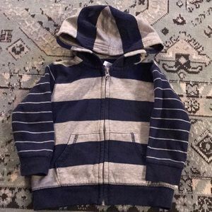 Navy/gray striped, zip up hoodie.